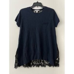 Autumn Cashmere Navy Black Short Sleeve Lace Back Sweater Sz L
